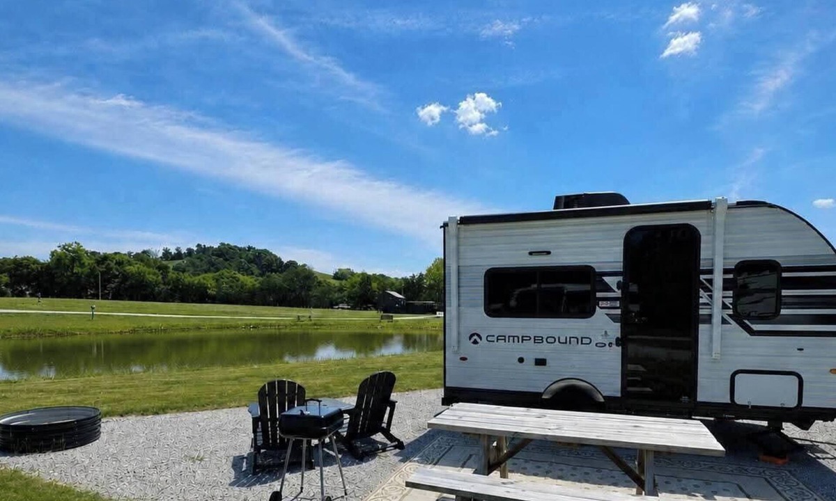 Winchester House | Stationary tiny camper in Winchester, TN with pond and mountain views.