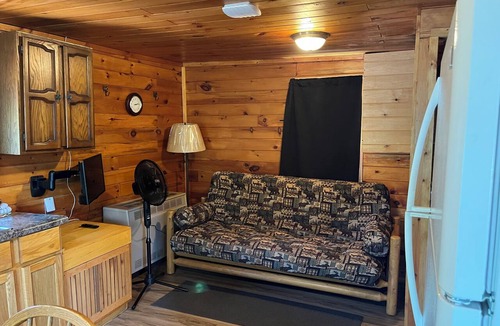 Lac La Belle Cabin | Charming Resort Cabin Steps from the Water and Campfire Evenings