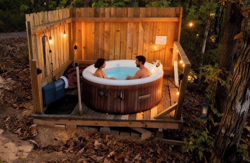 Albertville Cabin | Romantic Cliffside Retreat Private Hot Tub Creek Views Outdoor Shower