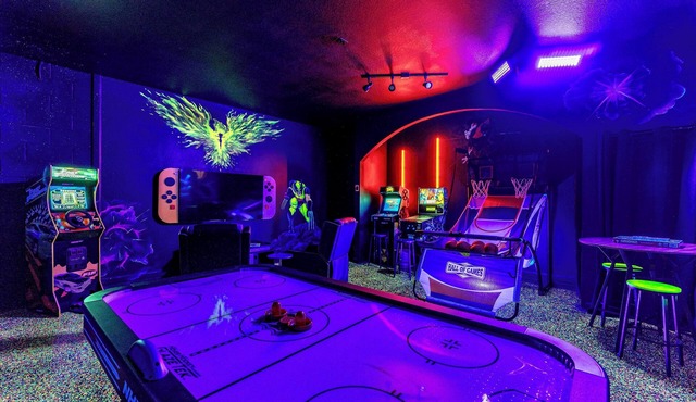 Fully themed 6BR home just 3 miles from Disney. Kids love the Princess & Dragon rooms and epic arcade game room, while adults relax by the private pool & spa. Located in Windsor Hills Resort with water park, slides & top amenities. Sleeps 14.